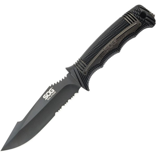 SOGSS1003CP 9 5/8" overall. 4 7/8" AUS-8 stainless partially serrated blade with black TiNi finish. Full, extended tang with strike end. Textured black glass reinforced nylon handles with black finish stainless inlay trim. Deluxe edition black hard molded nylon belt sheath with integrated line cutter with cover, built-in sharpener, and built-in ferrochromium firestarter rod.
