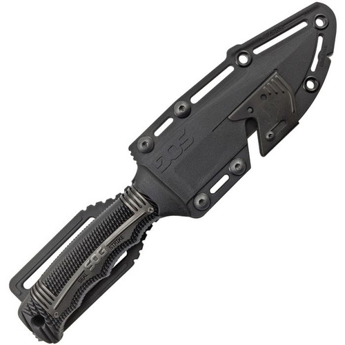 SOGSS1003CP 9 5/8" overall. 4 7/8" AUS-8 stainless partially serrated blade with black TiNi finish. Full, extended tang with strike end. Textured black glass reinforced nylon handles with black finish stainless inlay trim. Deluxe edition black hard molded nylon belt sheath with integrated line cutter with cover, built-in sharpener, and built-in ferrochromium firestarter rod.
