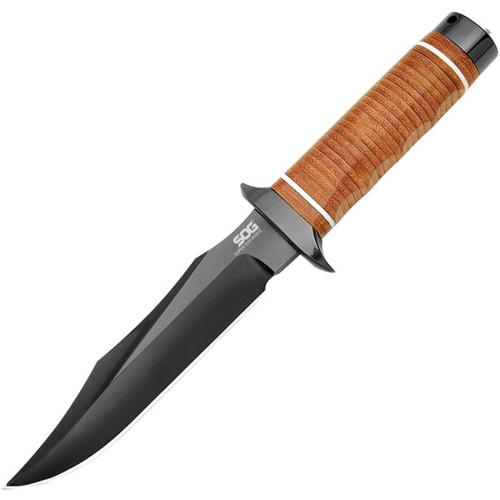 SOGSB1TL 12 3/4" overall. 7 3/8" black TiNi finish AUS-8 stainless blade. Brown leather wrapped handle withblack finish steel guard and pommel. Black leather belt sheath with sharpening stone and black cord lanyard.