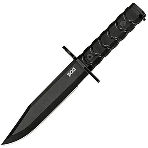 SOGBY1004BX 12.25" (31.12cm) overall. 17.13" (43.51cm) black PVD coated AUS-8 stainless clip point blade. Black G10 handle. Stainless guard and pommel. Integrated AR-compatible barrel ring. Black Kydex belt sheath.