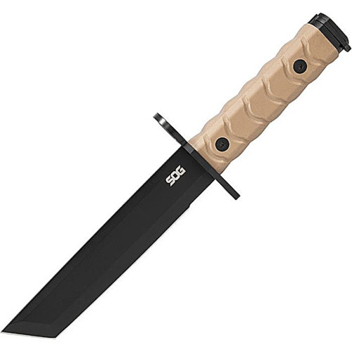 SOGBY1003BX 12.25" (31.12cm) overall. 7.13" (18.11cm) black PVD coated AUS-8 stainless tanto blade. Flat Dark Earth G10 handle. Stainless guard and pommel. Integrated AR-compatible barrel ring. Black Kydex belt sheath.
