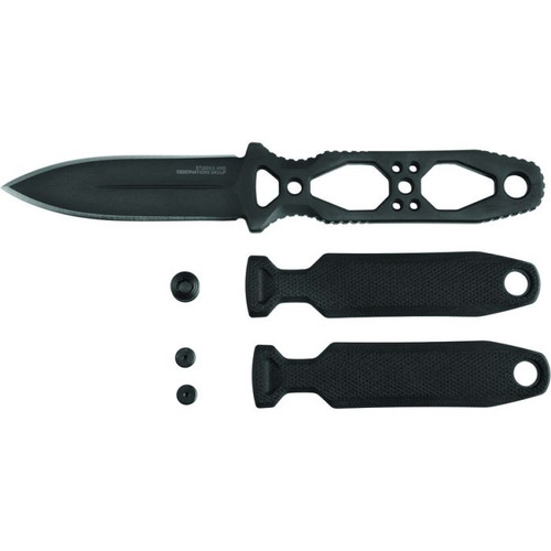 SOG17610357 7.5" (19.05cm) overall. 3.5" (8.89cm) black TiNi coated S35VN stainless blade. Black G10 handle. Full tang. Fully ambidextrous carry. Handles are removable. Universal mounting system. Black GRN MOLLE compatible belt sheath.
