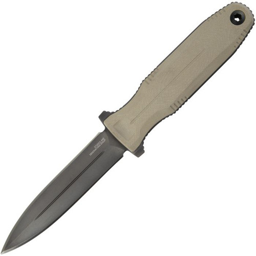 SOG17610257 10" (25.4cm) overall. 4.75" (12.07cm) black TiNi coated S35VN stainless blade. Flat Dark Earth G10 handle. Full tang. Lanyard hole. Fully ambidextrous carry. Handles are removable. Universal mounting system. Black GRN MOLLE compatible belt sheath.