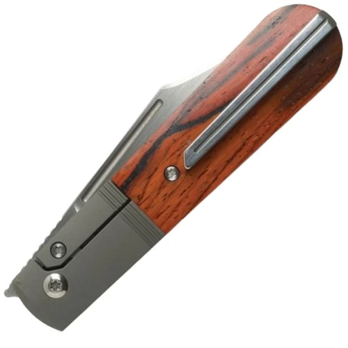 JW54249 4.38" (11.13cm) closed. 3.25" (8.26cm) satin finish S90V steel clip point blade. Rosewood handle. Titanium bolster(s). Pocket clip. Extended tang.
