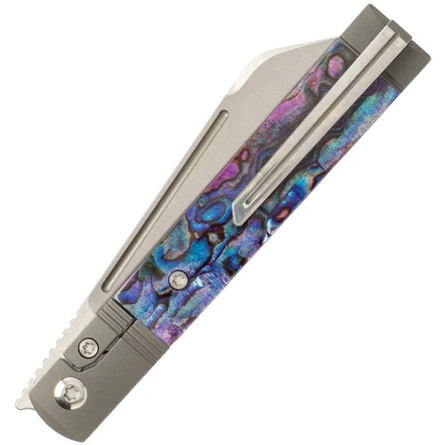 JW54398 4.13" (10.49cm) closed. 3.38" (8.59cm) satin finish S90V steel reverse tanto blade. Purple abalone handle. Titanium bolster(s). Pocket clip. Polished titanium backspacer.