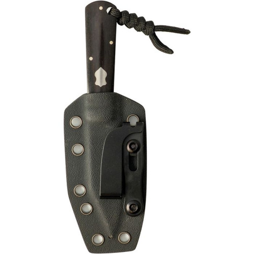 JW54391 6" (15.24cm) overall. 3" (7.62cm) satin finish 14C28N Sandvik stainless clip point blade. Ebony wood handle. Full tang. Lanyard hole. Inlay shield. Black Kydex belt sheath.