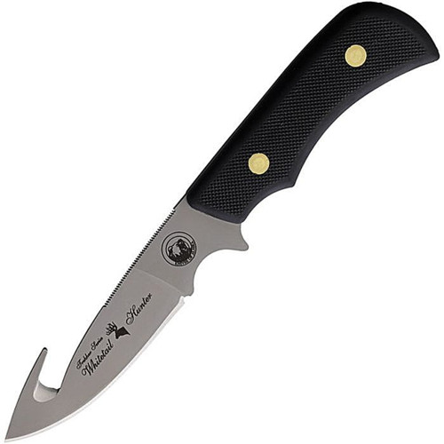 KOA00162FG 8.5" (21.59cm) overall. 3.25" (8.26cm) bead blast finish D2 tool steel guthook blade. Black SureGrip handle. Full tang. Brown leather belt sheath