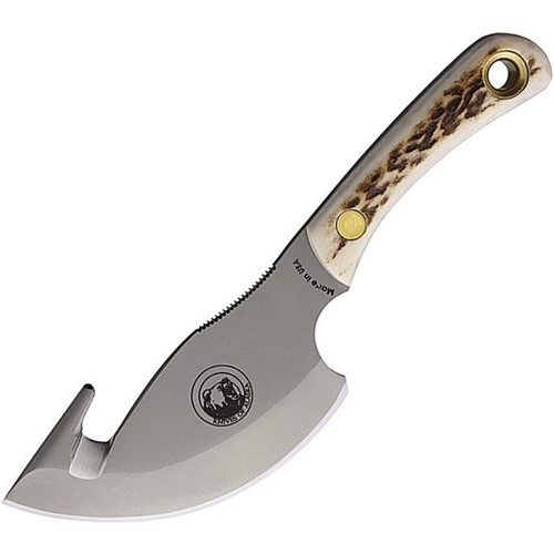 KOA00011FG 7.5" (19.05cm) overall. 3.5" (8.89cm) bead blast finish D2 tool steel guthook blade. Stag handle. Full tang. Lanyard hole. Brown leather belt sheath.