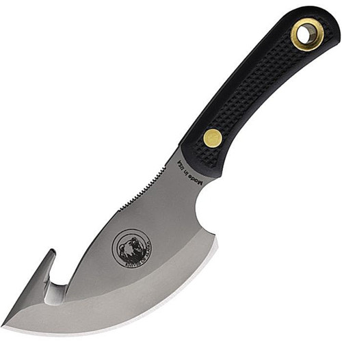 KOA00010FG 7.5" (19.05cm) overall. 3.5" (8.89cm) bead blast finish D2 tool steel guthook blade. Black SureGrip handle. Full tang. Lanyard hole. Brown leather belt sheath