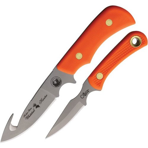 KOA00202FG Bead blast finish D2 tool steel blade. Orange SureGrip handle. Full tang. Includes: 8.5" overall Whitetail with 4" guthook blade; 6.75" overall Cub with 3" blade. Brown leather belt sheath.