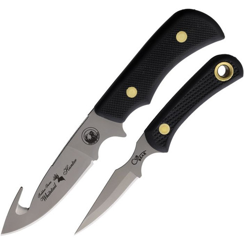 KOA00199FG Bead blast finish D2 tool steel blade. Black SureGrip handle. Full tang. Includes: 8.5" overall Whitetail with 4" guthook blade; 6.75" overall Cub with 3" blade. Brown leather belt sheath.