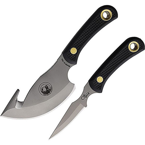 KOA00012FG Bead blast finish D2 tool steel blade. Black SureGrip handle. Full tang. Lanyard hole. Includes: 7.5" overall Light Hunter with 4" guthook blade; 6.75" overall Cub with 3" blade. Brown leather belt sheath.
