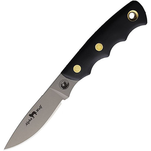 KOA00326FG 8" (20.32cm) overall. 3" (7.62cm) bead blast finish D2 tool steel blade. Black finger grooved SureGrip handle. Full tang. Lanyard hole. Brown leather belt sheath.