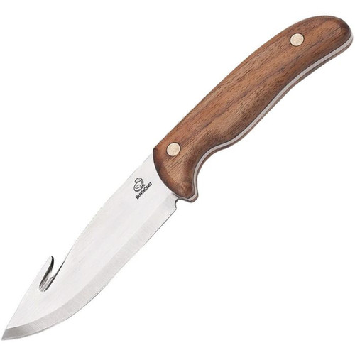 BVRGTK1 9.88" (25.1cm) overall. 5" (12.7cm) satin finish 1066 carbon steel guthook blade. Walnut handle. Full tang. Brown leather belt sheath.