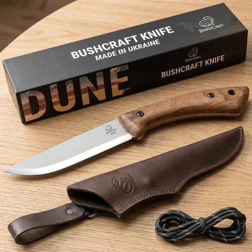 BVRBSH1 10.63" (27cm) overall. 5" (12.7cm) satin finish Scandi grind 1066 carbon steel blade. Walnut handle. Full tang. Lanyard hole. Brown leather belt sheath.