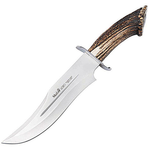 MU045 14.5" (36.83cm) overall. 9.13" (23.19cm) satin finish MoVa stainless bowie blade. Stag handle. Stainless guard. Brown leather belt sheath.