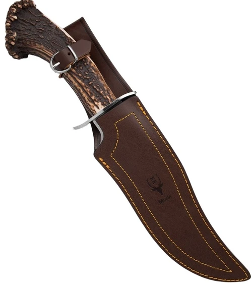 MU045 14.5" (36.83cm) overall. 9.13" (23.19cm) satin finish MoVa stainless bowie blade. Stag handle. Stainless guard. Brown leather belt sheath.
