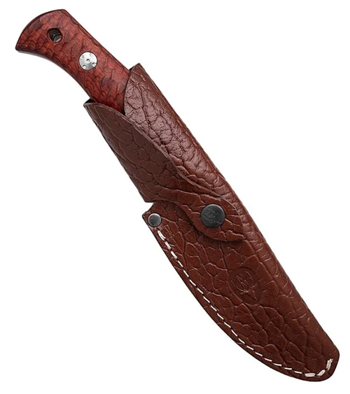 MU127 10" (25.4cm) overall. 5" (12.7cm) satin finish 1.4116 stainless clip point blade. Red sculpted Sandalwood handle. Full tang. Lanyard hole. Brown leather belt sheath.