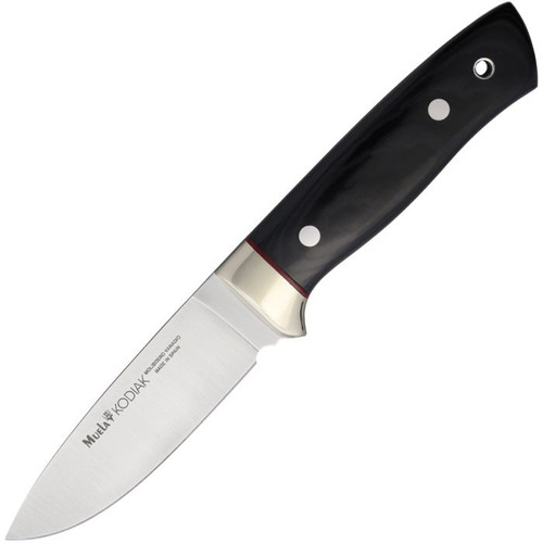 MUE90866 8.5" (21.59cm) overall. 4" (10.16cm) satin finish Vanadium molybdenum steel drop point blade. Black smooth micarta handle. Nickel silver guard. Full tang. Lanyard hole. Black leather belt sheath.
