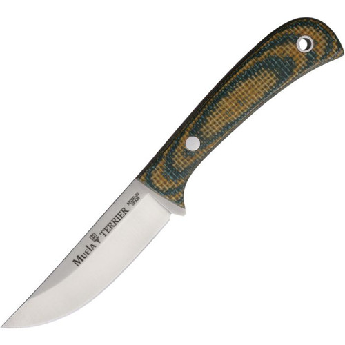 MUE98489 7.25" (18.42cm) overall. 3.5" (8.89cm) satin finish blade. Camo micarta handle. Full tang. Lanyard hole. Nitro-42 steel blade. Black Kydex belt sheath.