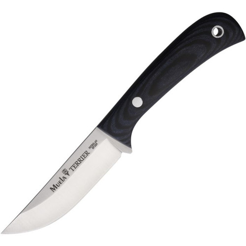 MUE98486 7.25" (18.42cm) overall. 3.5" (8.89cm) satin finish blade. Black canvas micarta handle. Nitro-42 steel blade. Black Kydex belt sheath.