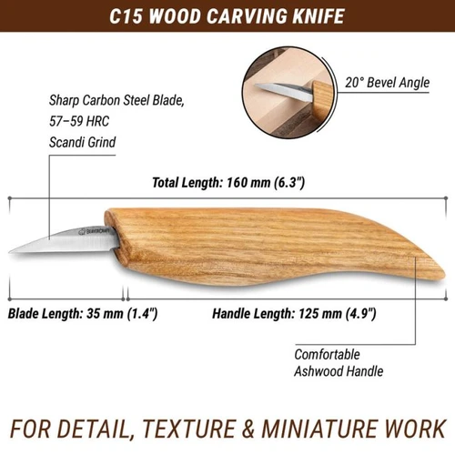 BVRC15 6.13" (15.57cm) overall. 1.38" (3.51cm) carbon steel blade. Ash wood handle. 20 degree bevel angle.