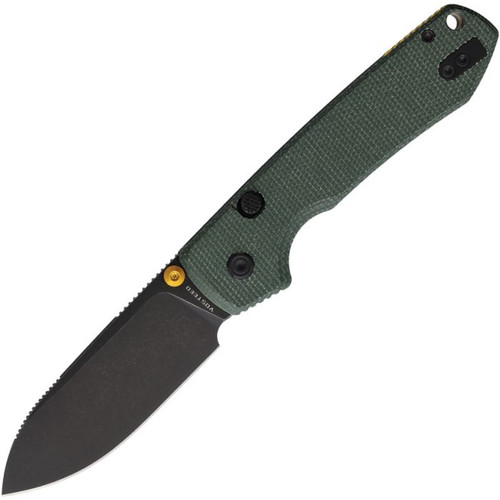VOSA2901 4.38" (11.13cm) closed. 3.25" (8.26cm) black stonewash finish 14C28N Sandvik stainless blade. Green canvas micarta handle. Thumb stud. Lanyard hole. Pocket clip. Black nylon zippered storage case.