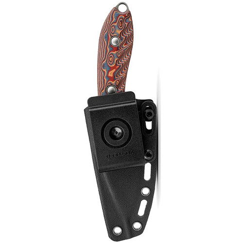 VOSD0803 7.38" (18.75cm) overall. 3.5" (8.89cm) stonewash finish 14C28N Sandvik stainless drop point blade. Raindrop micarta handle. Full, extended tang. Lanyard hole. S. O. A. R. Clip. Black Kydex belt sheath.