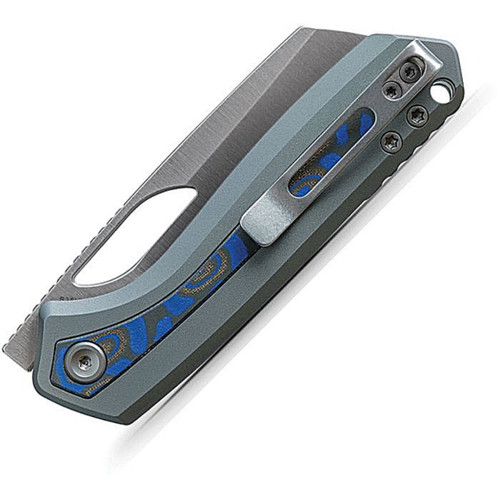 VOSA1801 4" (10.16cm) closed. 3" (7.62cm) satin finish flat ground S35VN stainless sheepsfoot blade. Blue-Gray aluminum handle with Ocean micarta inlay. Thumb pull. Lanyard hole. Pocket clip. Black nylon zippered storage case.