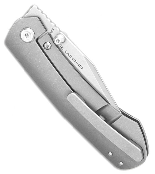 VOSA2101 3.88" (9.86cm) closed. 3" (7.62cm) stonewash finish S35VN stainless clip point blade. Stonewash finish titanium handle. Thumb stud. Pocket clip. Extended tang.