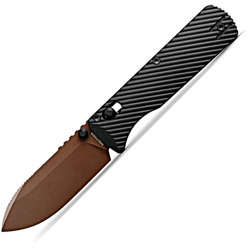 VOSA4107 3.88" (9.86cm) closed. 2.88" (7.32cm) Bohler M390 stainless blade. Black sculpted aluminum handle. Thumb stud. Pocket clip. Copper Dune finish zulu blade. Quick-Swap scale system. Ball roll bar.