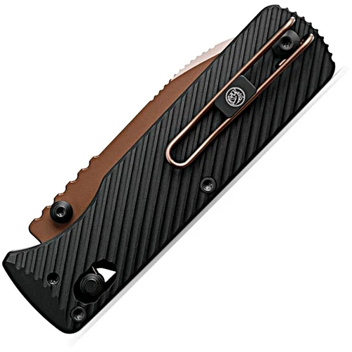VOSA4107 3.88" (9.86cm) closed. 2.88" (7.32cm) Bohler M390 stainless blade. Black sculpted aluminum handle. Thumb stud. Pocket clip. Copper Dune finish zulu blade. Quick-Swap scale system. Ball roll bar.