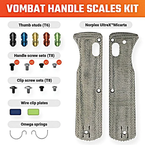 VOSW0103 Includes: (1) pair Omega springs; (2) Handle screw sets, black and gray (4) T8 screws each; (2) Clip screw sets, black and gray (2) screws each; (5) Thumb studs, black, blue, gold, red, green; (2) Clip plates, blue and green with no logo; (1) Pair handle scales. Micarta construction. Color: Norplex UltreX Green.