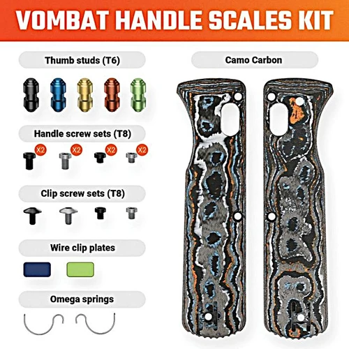 VOSW0102 Includes: (1) pair Omega springs; (2) Handle screw sets, black and gray (4) T8 screws each; (2) Clip screw sets, black and gray (2) screws each; (5) Thumb studs, black, blue, gold, red, green; (2) Clip plates, blue and green with no logo; (1) Pair handle scales. Carbon fiber construction. Color: Gulf Camo Fat.