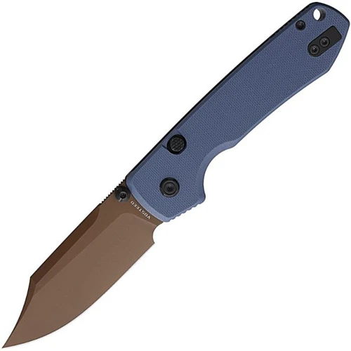 VOSA2909 4.38" (11.13cm) closed. 3.25" (8.26cm) 14C28N Sandvik stainless bowie blade. Blue G10 handle. Thumb stud. Lanyard hole. Pocket clip. Copper Dune finish blade. Black nylon zippered storage case.