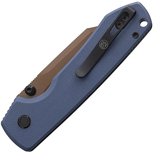 VOSA2909 4.38" (11.13cm) closed. 3.25" (8.26cm) 14C28N Sandvik stainless bowie blade. Blue G10 handle. Thumb stud. Lanyard hole. Pocket clip. Copper Dune finish blade. Black nylon zippered storage case.