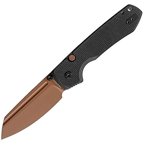 VOSA2928 4.38" (11.13cm) closed. 3.25" (8.26cm) 14C28N Sandvik stainless blade. Black micarta handle. Thumb stud. Lanyard hole. Pocket clip. Copper Dune finish blade. Black nylon zippered storage case.