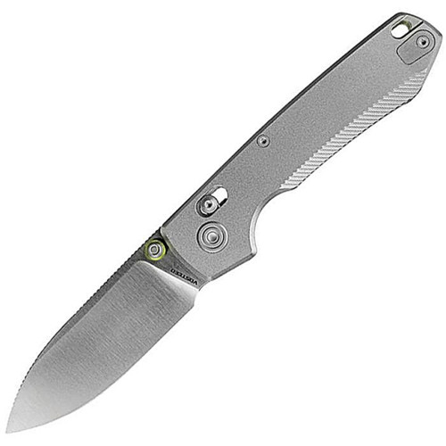VOSA4501 4.38" (11.13cm) closed. 3.25" (8.26cm) sand blast finish 154CM stainless blade. Gray titanium handle. Thumb stud. Lanyard hole. Pocket clip. Black nylon zippered storage case.