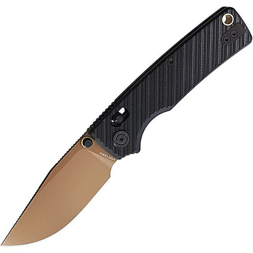 VOSA3101 4.13" (10.49cm) closed. 3" (7.62cm) 154CM stainless clip point blade. Black sculpted G10 handle. Thumb stud. Lanyard hole. Pocket clip. Copper Dune finish blade. Black nylon pouch.
