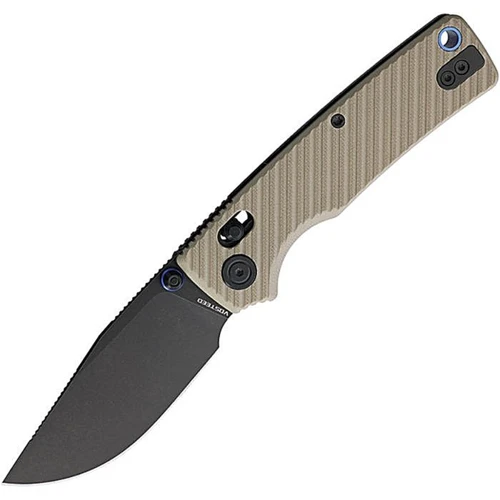 VOSA3103 4.13" (10.49cm) closed. 3" (7.62cm) black stonewash finish 154CM stainless clip point blade. Sand sculpted G10 handle. Thumb stud. Lanyard hole. Pocket clip. Black nylon pouch.