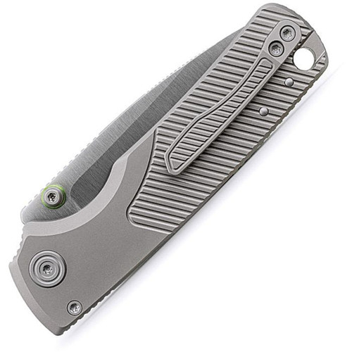 VOSA4801 4.13" (10.49cm) closed. 3" (7.62cm) satin finish 154CM stainless drop point blade. Gray sculpted titanium handle. Thumb stud. Lanyard hole. Pocket clip. Black nylon zippered storage case.