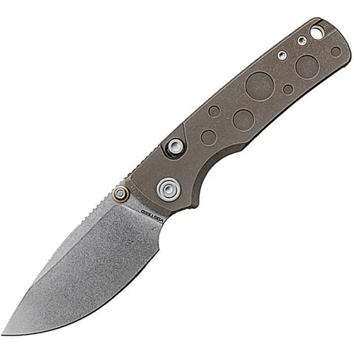 VOSA4807 4.13" (10.49cm) closed. 3" (7.62cm) stonewash finish S90V steel drop point blade. Antique bronze titanium handle. Thumb stud. Lanyard hole. Pocket clip. Black nylon pouch.