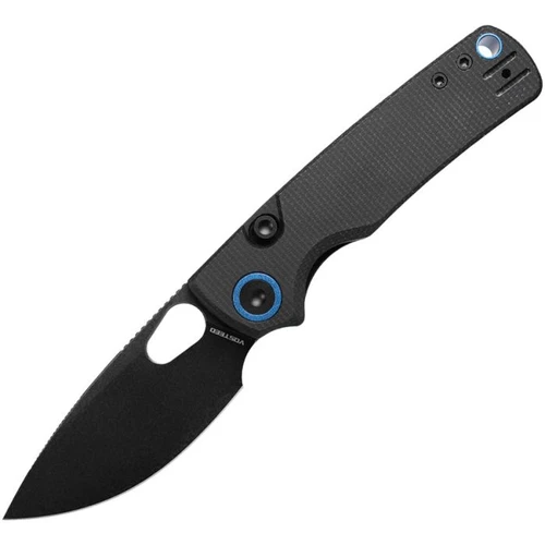 VOSA2601 4.13" (10.49cm) closed. 3" (7.62cm) black stonewash finish 14C28N Sandvik stainless drop point blade. Black canvas micarta handle. Thumb pull. Lanyard hole. Pocket clip. Blue accents. Black nylon pouch.