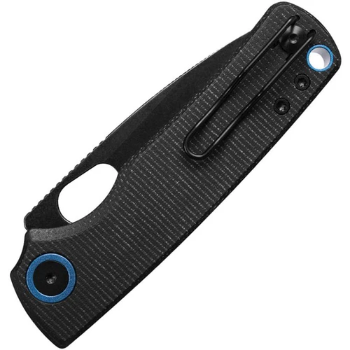 VOSA2601 4.13" (10.49cm) closed. 3" (7.62cm) black stonewash finish 14C28N Sandvik stainless drop point blade. Black canvas micarta handle. Thumb pull. Lanyard hole. Pocket clip. Blue accents. Black nylon pouch.