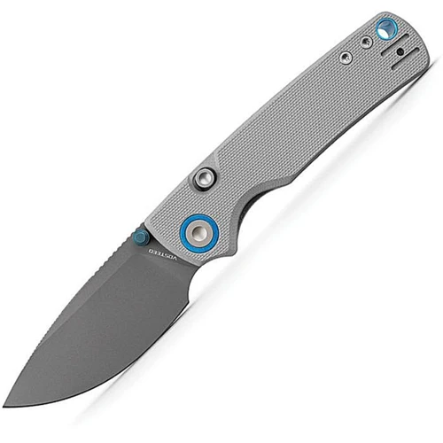 VOSA2612 4.13" (10.49cm) closed. 3" (7.62cm) 14C28N Sandvik stainless drop point blade. Gray G10 handle. Lanyard hole. Pocket clip. Thumb stud. Destroyer gray blade. Blue accents. Black nylon pouch.