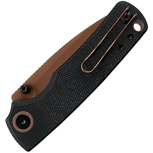 VOSA2610 4.13" (10.49cm) closed. 3" (7.62cm) 14C28N Sandvik stainless drop point blade. Black canvas micarta handle. Thumb stud. Lanyard hole. Pocket clip. Copper Dune finish blade. Black nylon zippered storage case.