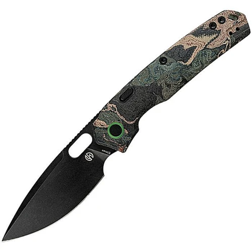 VOSA2235 4.75" (12.07cm) closed. 3.25" (8.26cm) black stonewash finish Elmax steel drop point blade. Thumb pull. Lanyard hole. Pocket clip. Blue currant canvas rag burl micarta handle. Green aluminum backspacer. Black nylon zippered storage case.