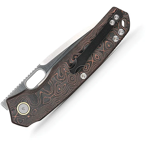 VOSA2207 4.75" (12.07cm) closed. 3.25" (8.26cm) satin finish Elmax steel blade. Copper Fat carbon fiber handle. Thumb pull. Extended tang. Pocket clip.
