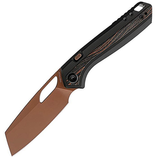 VOSA1810 4.38" (11.13cm) closed. 3.25" (8.26cm) flat ground S35VN stainless sheepsfoot blade. Black aluminum handle with Topo G10 inlay. Thumb pull. Lanyard hole. Pocket clip. Copper Dune finish blade. Black nylon zippered storage case.
