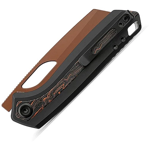 VOSA1810 4.38" (11.13cm) closed. 3.25" (8.26cm) flat ground S35VN stainless sheepsfoot blade. Black aluminum handle with Topo G10 inlay. Thumb pull. Lanyard hole. Pocket clip. Copper Dune finish blade. Black nylon zippered storage case.
